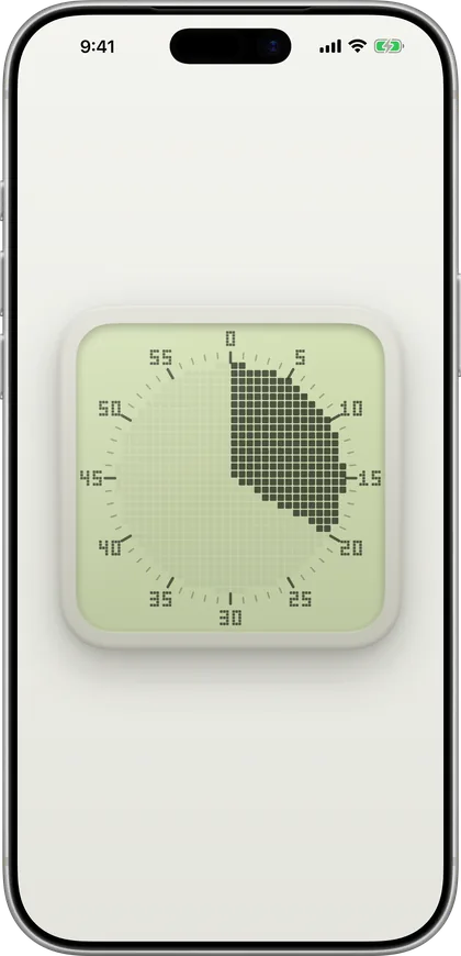Otso's LCD face on iPhone: dot matrix on a backlit sage screen